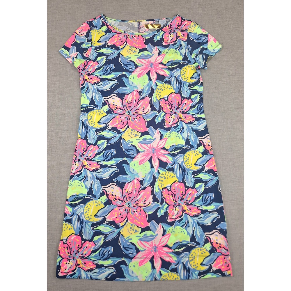 Lilly Pulitzer Pima Cotton Tropical Floral Citrus T-Shirt Dress Navy Pink S